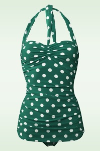 Esther Williams - 50s Classic Sheat Polkadot Swimsuit in Green and White 2