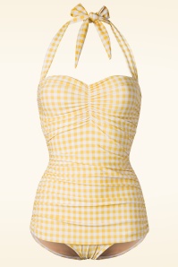 Esther Williams - 50s Summer Gingham One Piece Swimsuit in Yellow and White 2