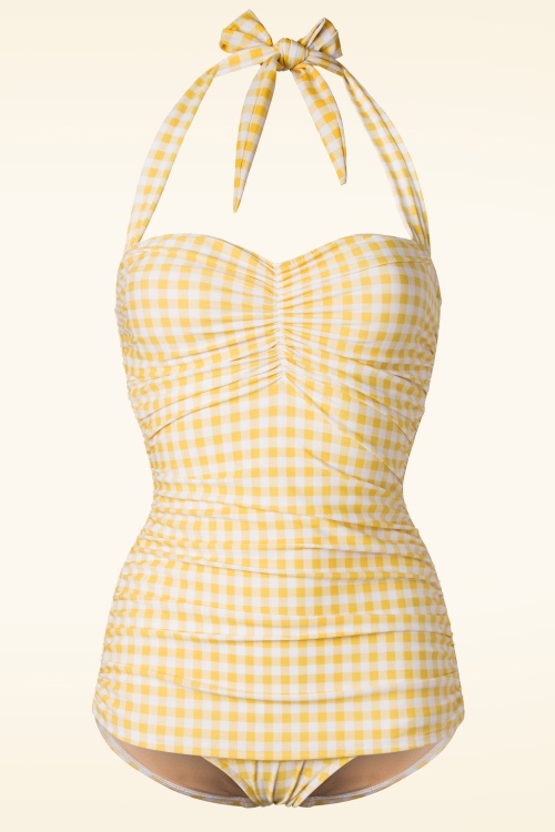  - 50s Summer Gingham One Piece Swimsuit in Yellow and White 2