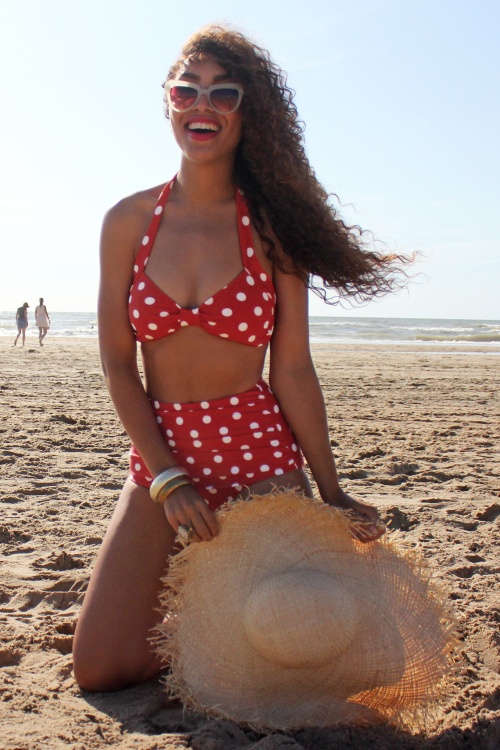 Esther Williams - Klassieke Polka-bikinibroek in rood en wit 4