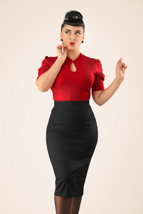 Collectif Clothing - 50s Fiona Cherry Pencil Skirt in Black