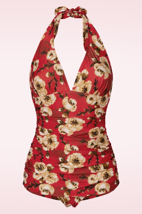 Bettie Page Swimwear - Blossom One Piece Halter Swimsuit en Rouge