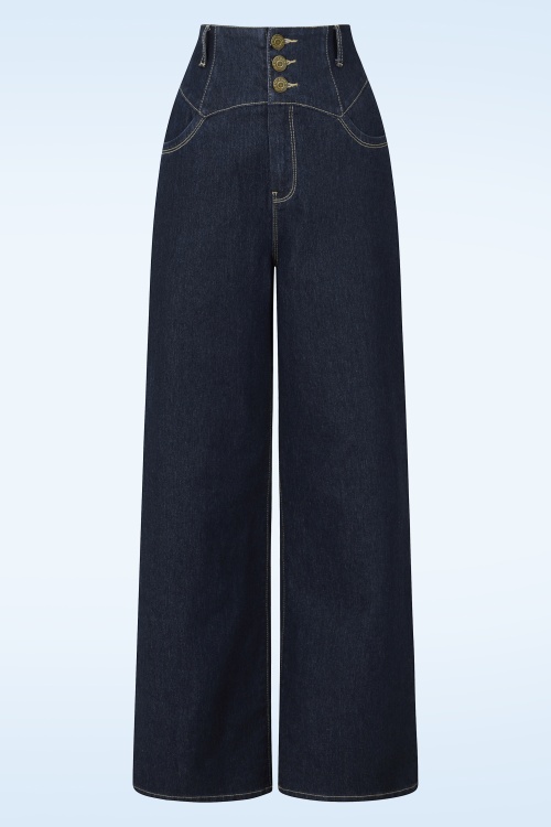 Collectif Clothing - Rebel Kate broek met wijde pijpen in marineblauw