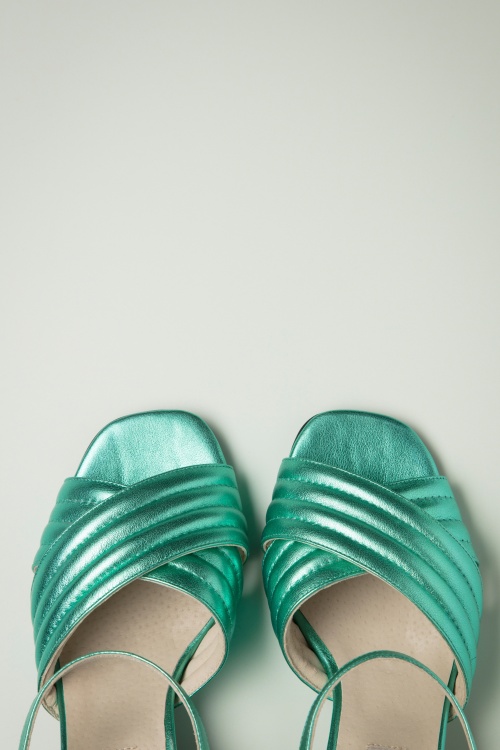 Banned Retro - Charlie Quilted Leather Sandals in Metallic Teal Blue 2