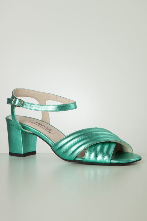 Banned Retro - Charlie Quilted Leather Sandals in Metallic Teal Blue 3