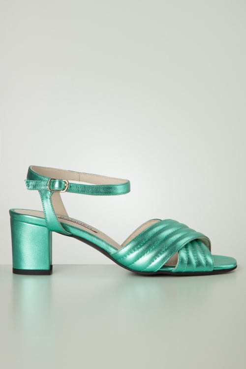 Banned Retro - Charlie Quilted Leather Sandals in Metallic Teal Blue