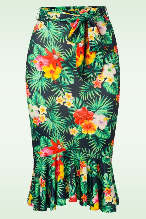 Vintage Chic for Topvintage - Naomi Ruffle Tropical Pencil Skirt in Navy 