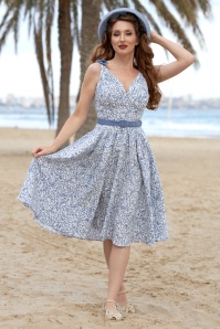 Miss Candyfloss - Poria Sable Floral Linen Swing Dress in White and Steelblue