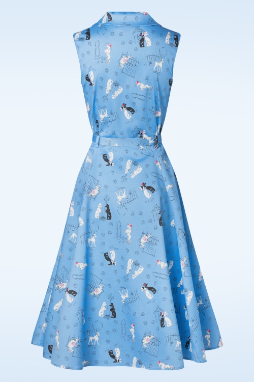 Collectif Clothing - Robe corolle sans manches à motif caniches Caterina en bleu 2