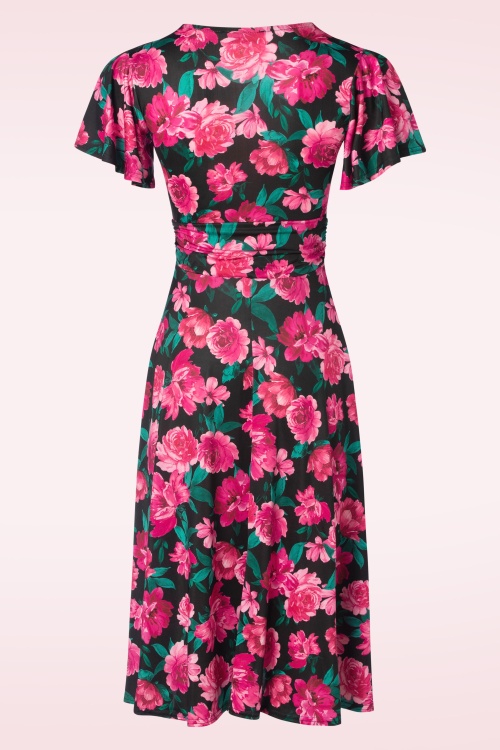 Vintage Chic for Topvintage - Robe corolle fleurie façon cache-coeur Irène en noir et rose 2