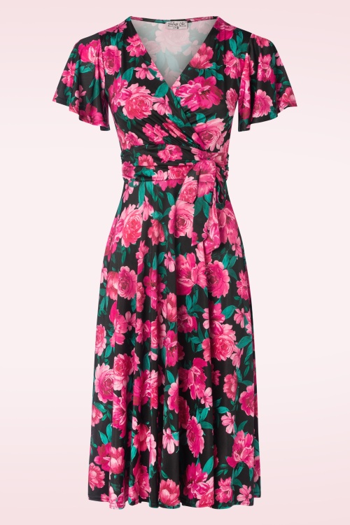 Vintage Chic for Topvintage - 50s Irene Tropical Floral Cross Over Swing Dress in Black