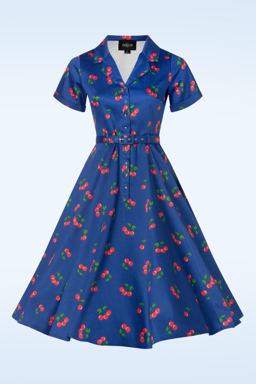 Collectif Clothing - Robe corolle à motif cerises Caterina en bleu marine 2
