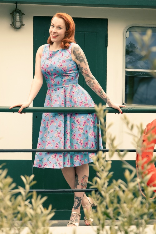 Topvintage Boutique Collection - 50s Adriana Floral Swing Dress in Teal Blue