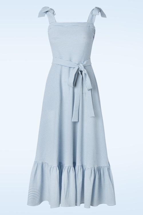 Collectif Clothing - Katrina Seersucker Midi Dress in Blue and White