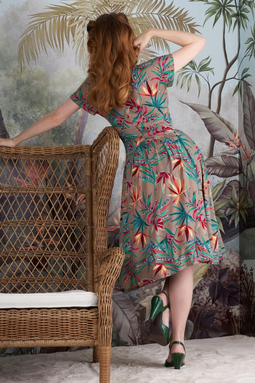Miss Candyfloss - Gracia Sadie Palm Leaves Swing Dress in Sand and Multi 2