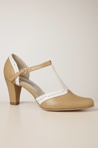 Banned Retro - Galore Brogue Leather T-Strap Pumps in Beige and White 3