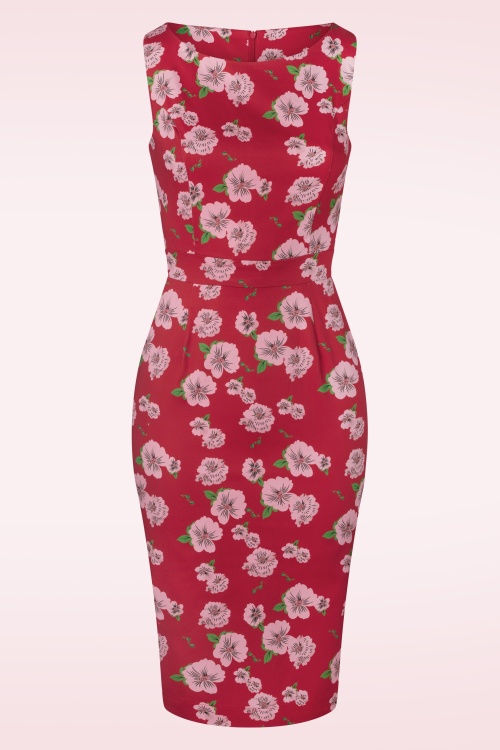 Topvintage Boutique Collection - Exclusief bij Topvintage ~ Adriana mouwloze penciljurk met bloemenprint in rood