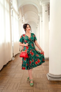 Vintage Chic for Topvintage - Irene Flower Cross Over Swing Dress en Vert Soyeux 2