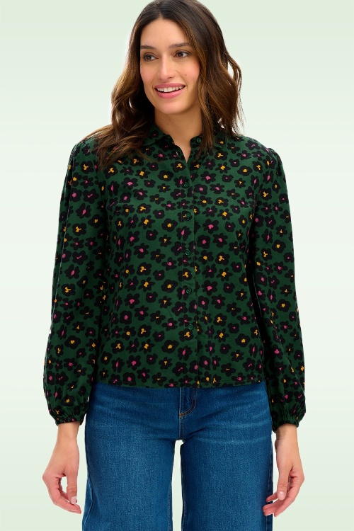 Sugarhill Brighton - 60s Liza Painted Floral Blouse in Green 2