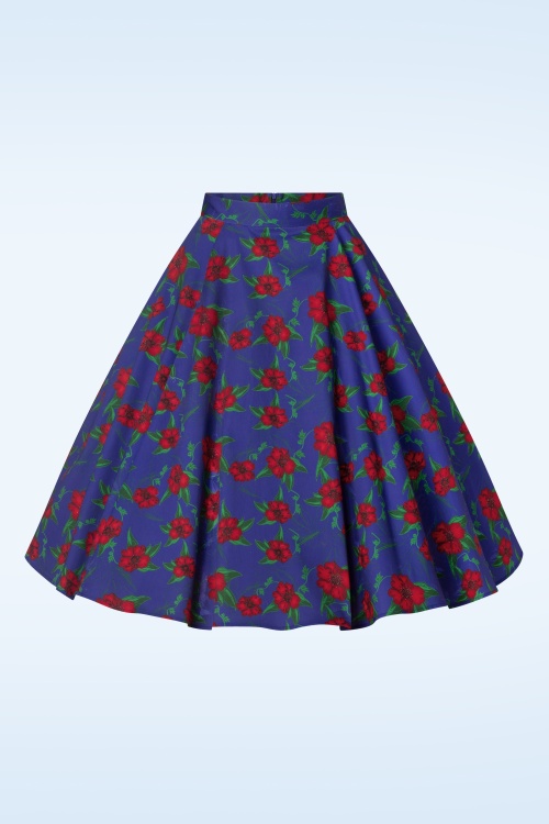 Topvintage Boutique Collection - Exclusief bij Topvintage ~ Adriana Floral Swing Rok in donkerblauw 4