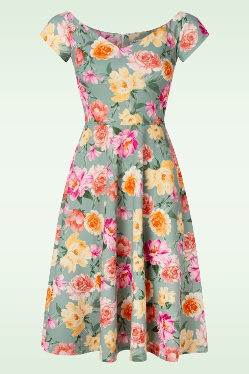 Vintage Chic for Topvintage - Nora floral swing jurk in saliegroen