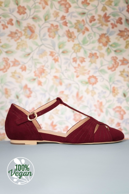 Charlie Stone - 50s London T-Strap Flats in Wine Red