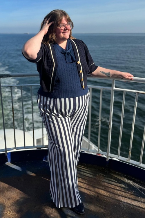 Banned Retro - Sally Stripe pantalon in marineblauw 3