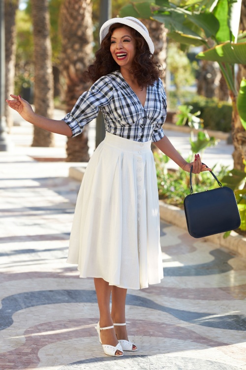 Miss Candyfloss - Efrona Lee Pleated Tartan Blouse in Navy and White 2
