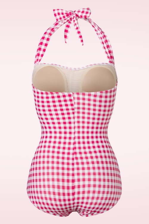 Esther Williams - 50s Classic One Piece Gingham Swimsuit in Raspberry Red and White 3