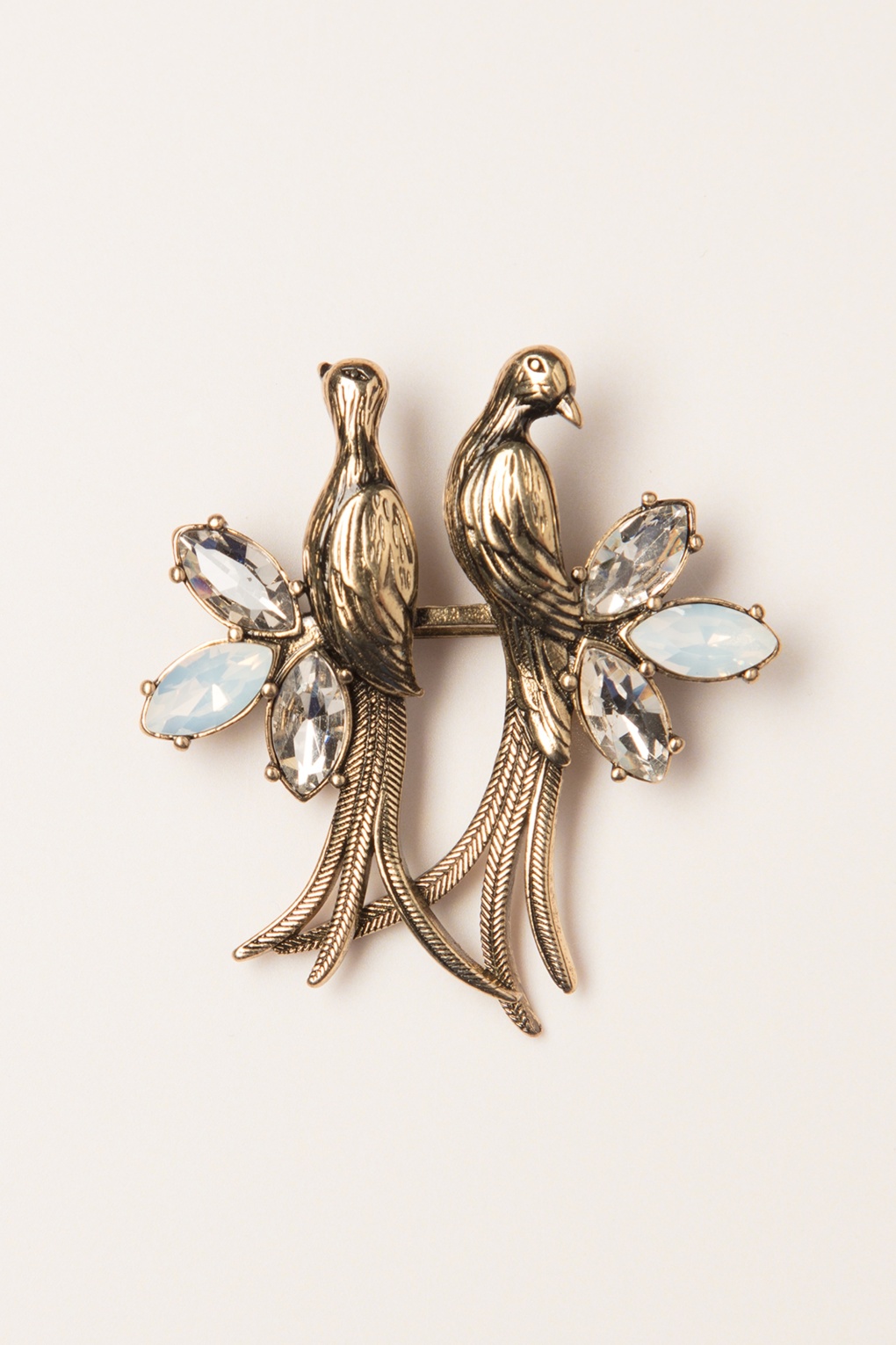 30s Crystal Love Birds Brooch in Gold