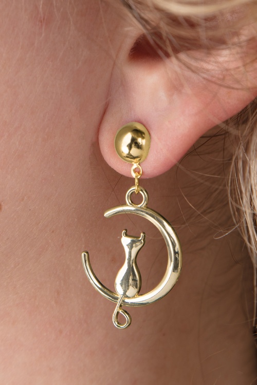 Glitz-o-Matic - 50s Cat On The Moon Earrings in Gold