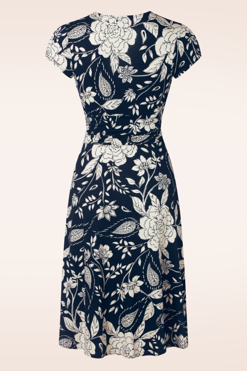 Vintage Chic for Topvintage - Suki Knotted Floral Swing Kleid in Marineblau und Off White 2
