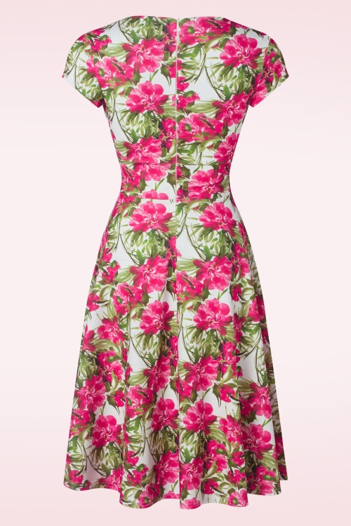 Vintage Chic for Topvintage - Miley floral swing jurk in wit en fuchsia 2