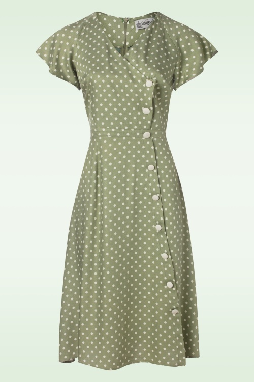 Collectif Clothing - Cherylin Vintage Polka jurk in saliegroen