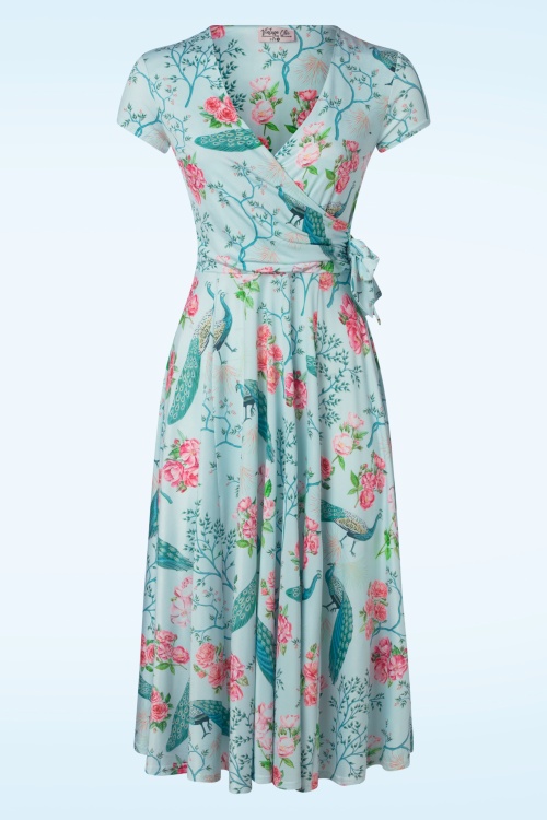 Vintage Chic for Topvintage - Robe corolle à motif paons et fleurs Layla en bleu ciel
