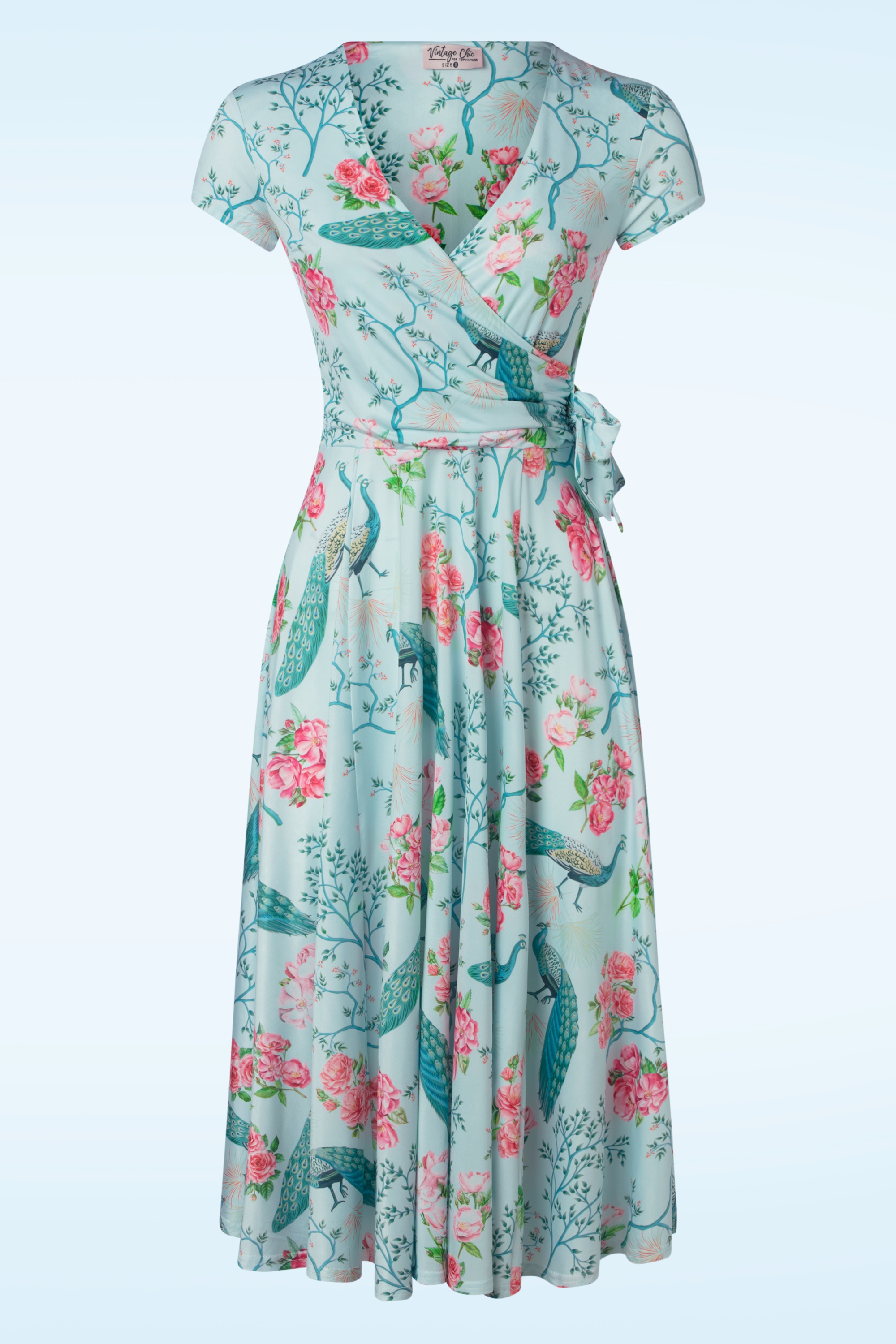 Vintage Chic for Topvintage - Layla floral peacock swing jurk in luchtblauw