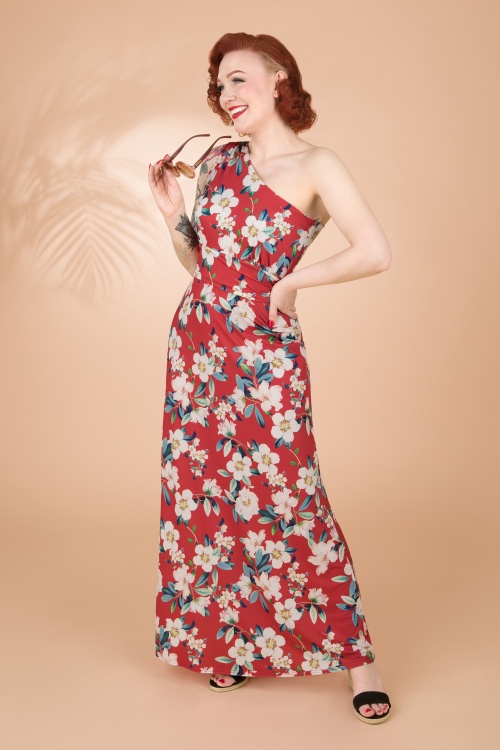 Vintage Chic for Topvintage - Robe longue fleurie à encolure asymétrique Olga en rouge chaud