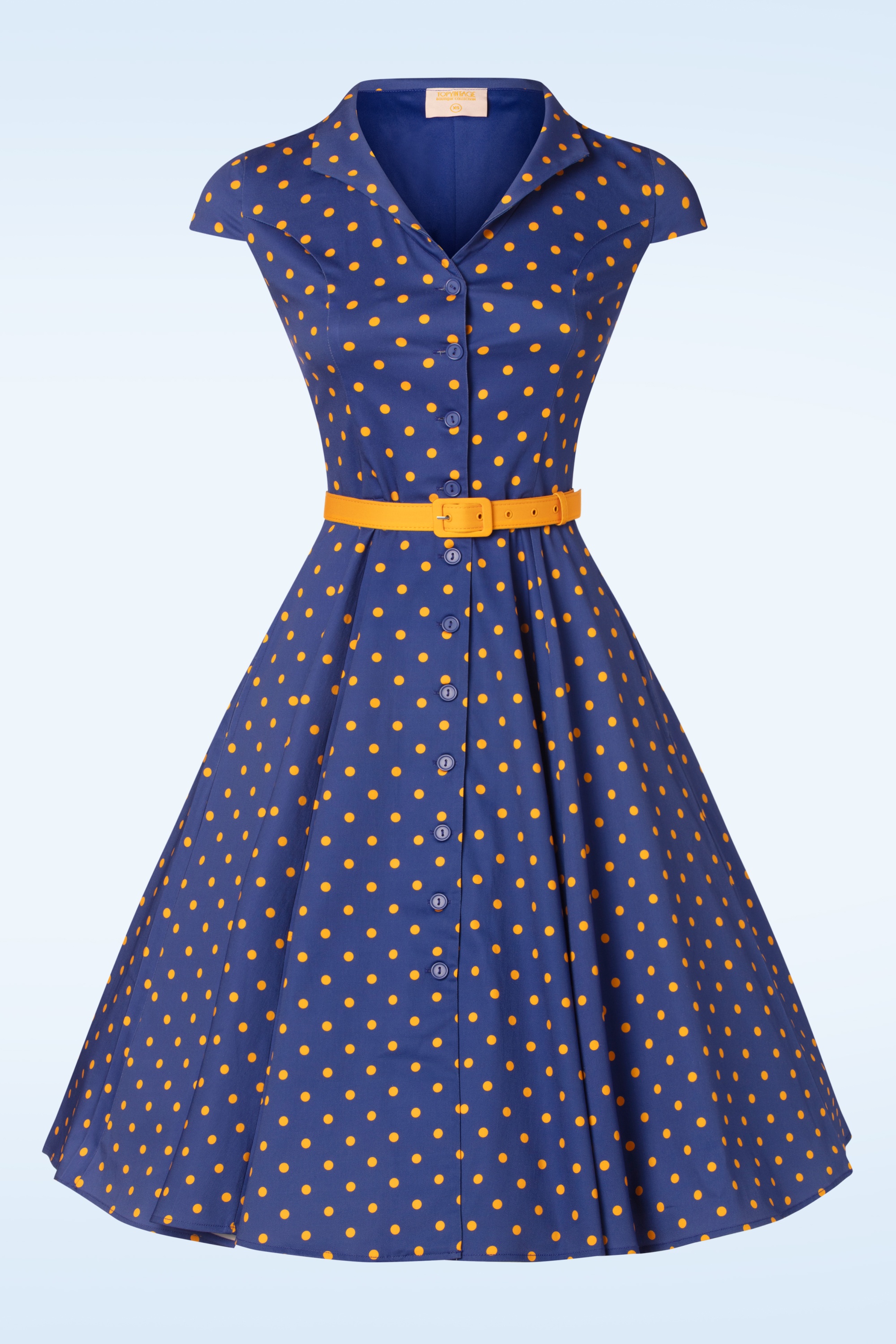 Topvintage Boutique Collection - Topvintage exclusive ~ Angie Polkadot swing jurk in blauw en geel 6