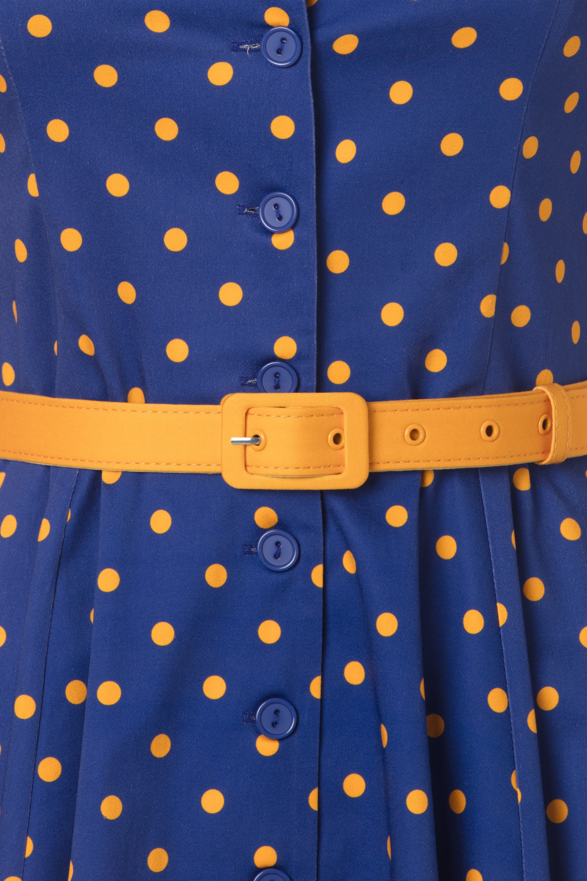 Topvintage Boutique Collection - Topvintage exclusive ~ Angie Polkadot swing jurk in blauw en geel 7