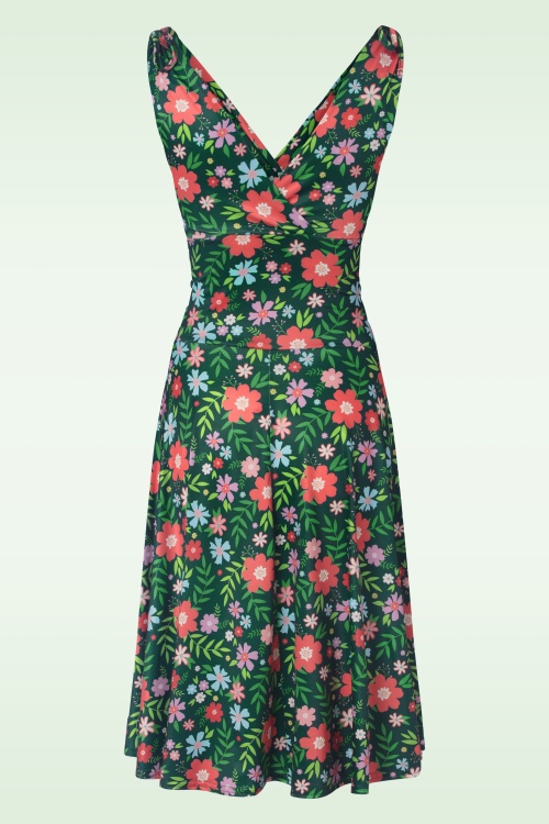 Vintage Chic for Topvintage - Grecian floral swing jurk in donkergroen en multi  2