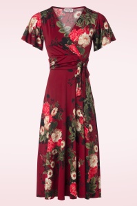 Vintage Chic for Topvintage - Irene floral cross over swing jurk in wijnrood 