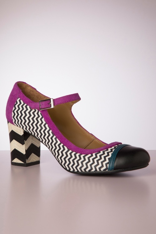 Nemonic - Frida Mary Jane pumps in zwart en magentaroze 3