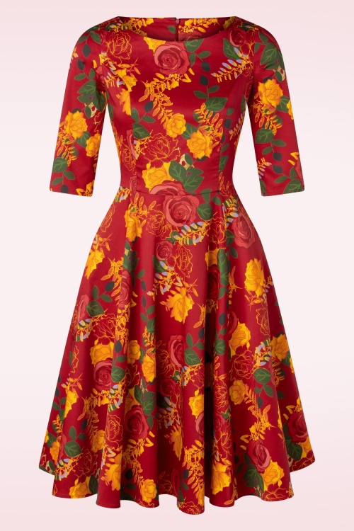 Topvintage Boutique Collection - Topvintage Exclusive ~ Adriana Swing jurk met lange mouwen en bloemen in bordeaux 2