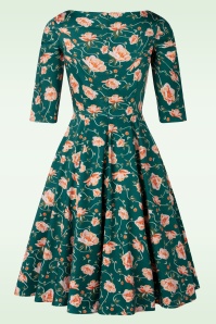 Topvintage Boutique Collection - Topvintage Exclusive ~ Adriana Floral Lange Mouw Swing Jurk in Donkergroen 4