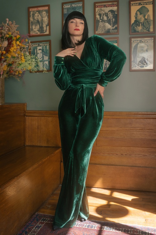 Vintage Diva - Celeste fluwelen jumpsuit in smaragdgroen