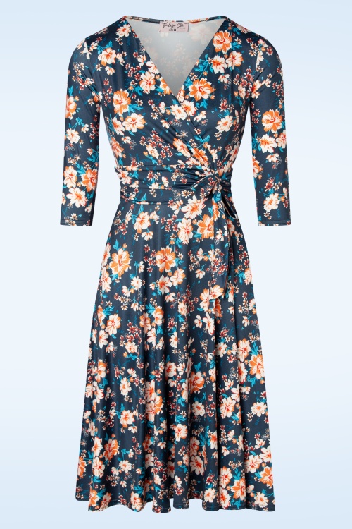 Vintage Chic for Topvintage - Aria floral swing jurk in blauw en oranje