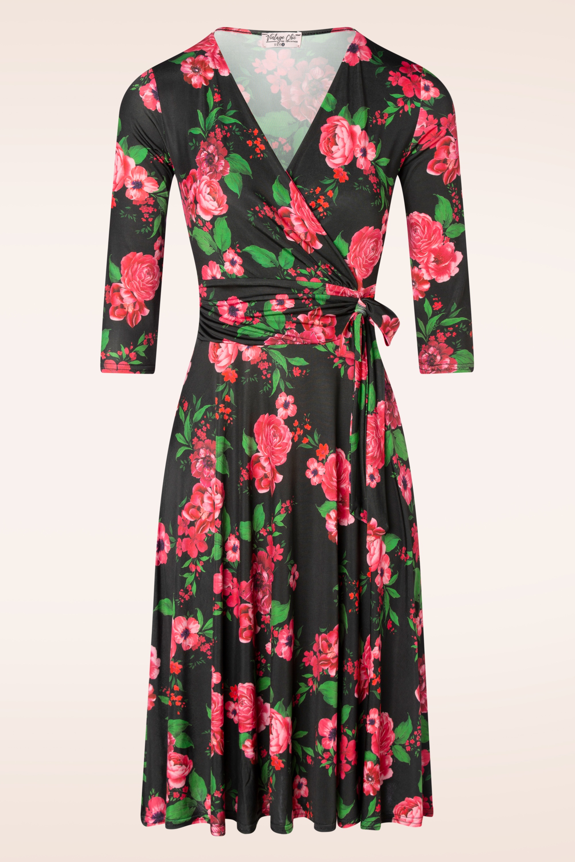 Vintage Chic for Topvintage - Aria floral swing jurk in zwart en roze