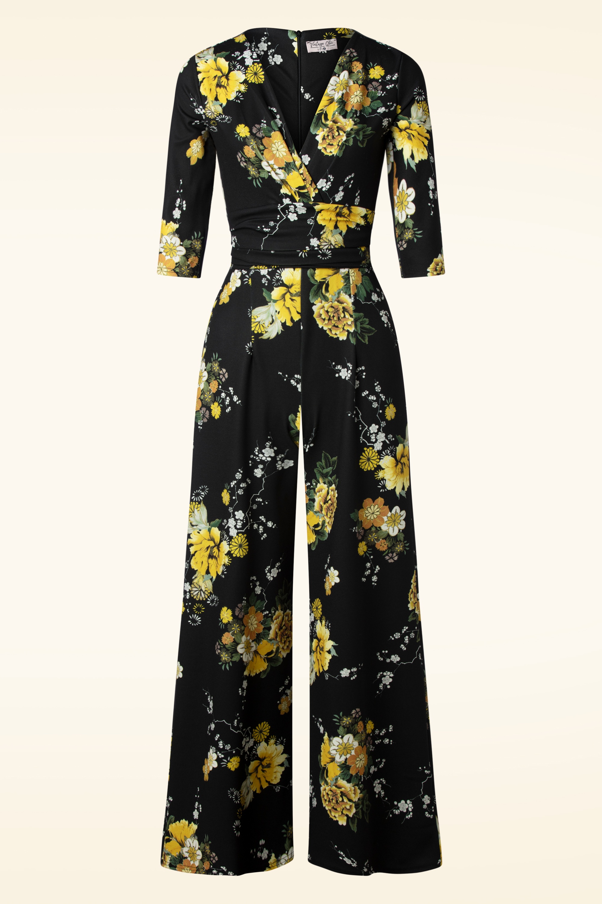 Vintage Chic for Topvintage - Liana floral jumpsuit in zwart en geel