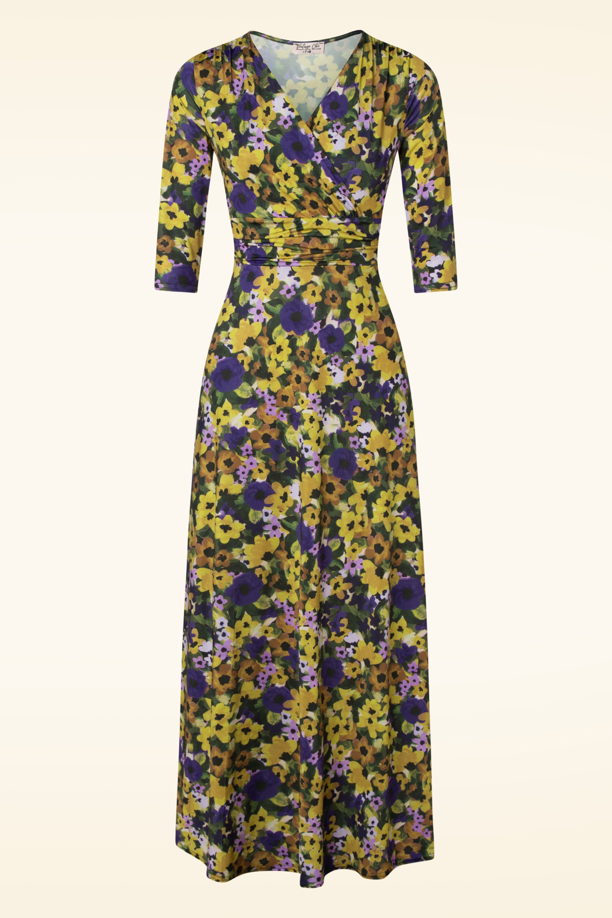 Vintage Chic for Topvintage - Vivian flower maxi jurk in paars en geel