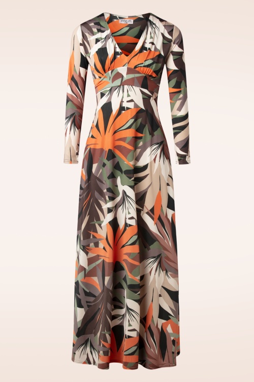 Vintage Chic for Topvintage - Mariana palm print maxi jurk in khaki en oranje